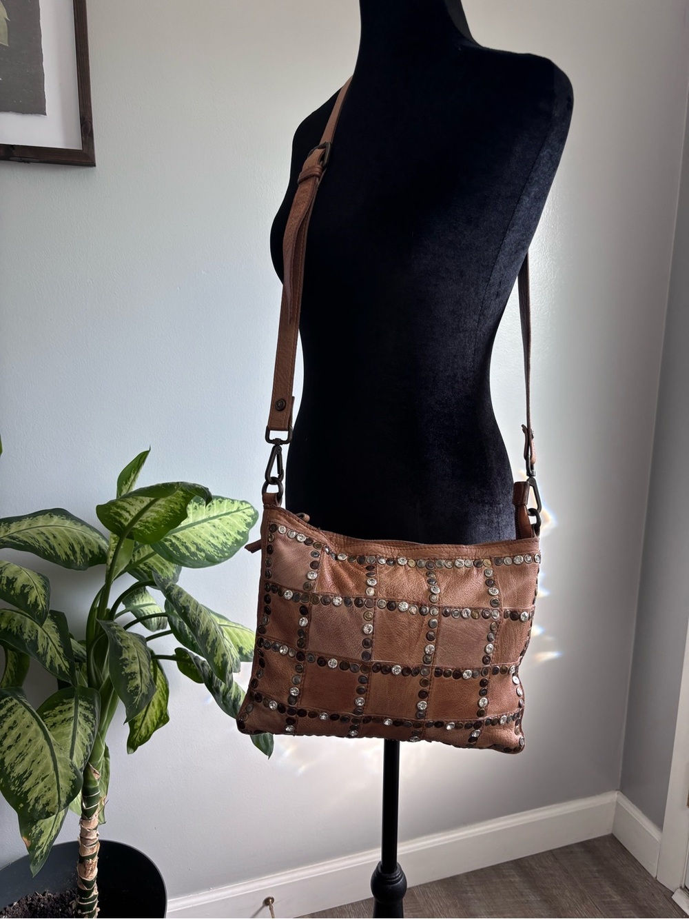 Platania Florence Italy Studded patchwork Tan Leather Crossbody Bag